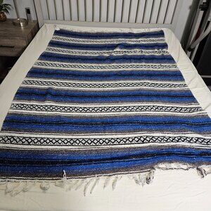 Vint Mexican Blanket Throw Baja Falsa Southwest Blue White Black Stripe 70"x48"